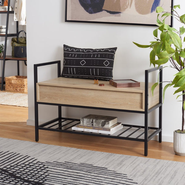 Safavieh Rhonwen Storage Bench - Modern Entryway Seat With Hidden Storage, Black Metal Frame & Wood Finish BCH9300A