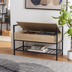 Safavieh Rhonwen Storage Bench - Modern Entryway Seat With Hidden Storage, Black Metal Frame & Wood Finish BCH9300A