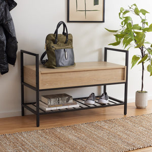 Safavieh Rhonwen Storage Bench - Modern Entryway Seat With Hidden Storage, Black Metal Frame & Wood Finish BCH9300A