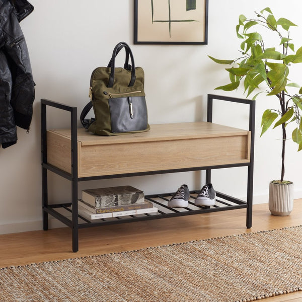 Safavieh Rhonwen Storage Bench - Modern Entryway Seat With Hidden Storage, Black Metal Frame & Wood Finish BCH9300A