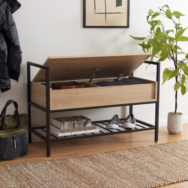 Safavieh Rhonwen Storage Bench - Modern Entryway Seat With Hidden Storage, Black Metal Frame & Wood Finish BCH9300A