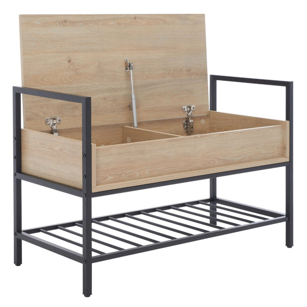 Safavieh Rhonwen Storage Bench - Modern Entryway Seat With Hidden Storage, Black Metal Frame & Wood Finish BCH9300A