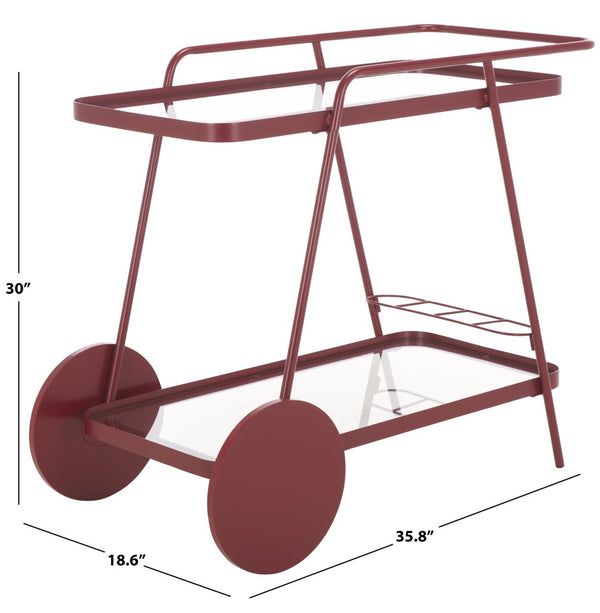 Safavieh Zunia Modern Industrial 2-Tier Bar Cart With Glass Shelves For Stylish Entertaining & Mobility Brick Red / Clear BCT2504C