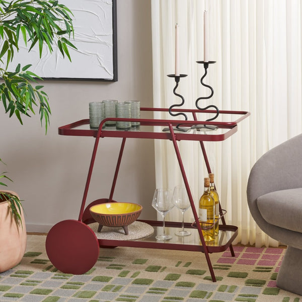 Safavieh Zunia Modern Industrial 2-Tier Bar Cart With Glass Shelves For Stylish Entertaining & Mobility Brick Red / Clear BCT2504C