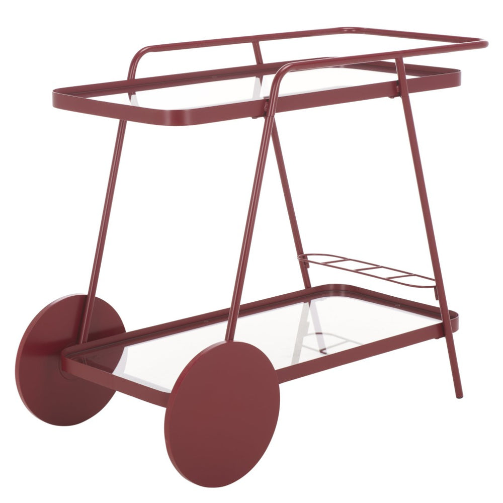 Safavieh Zunia Modern Industrial 2-Tier Bar Cart With Glass Shelves For Stylish Entertaining & Mobility Brick Red / Clear BCT2504C