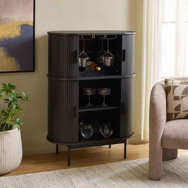 Erdwing Bar Cabinet With Warm Walnut Veneer And Matte Accents — Compact Stylish Storage For Entertaining