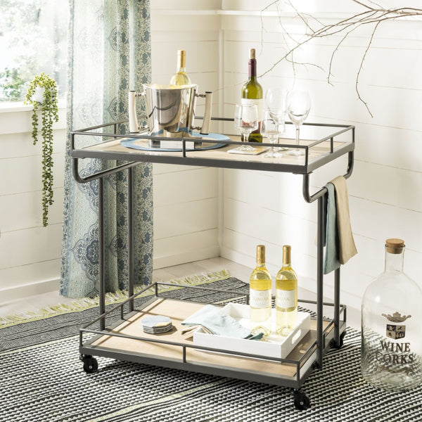 Safavieh Dawson Industrial-Chic Two-Tier Bar Cart With Rolling Mobility For Stylish Entertaining & Storage Oak/Gunmetal BCT6200A