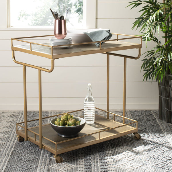 Safavieh Dawson 2-Tier Industrial Chic Bar Cart With Gold Finish, Rustic Oak Shelves & Smooth-Rolling Casters BCT6200C