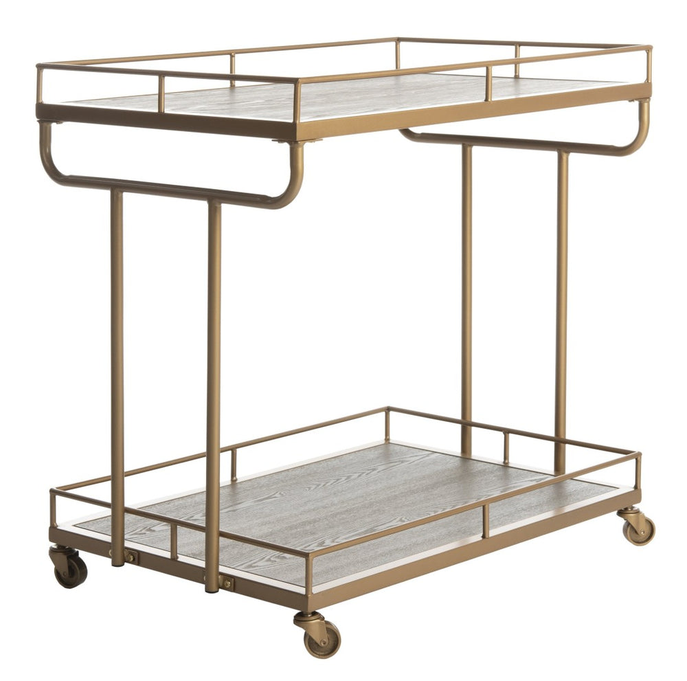 Safavieh Dawson 2-Tier Industrial Chic Bar Cart With Gold Finish, Rustic Oak Shelves & Smooth-Rolling Casters BCT6200C