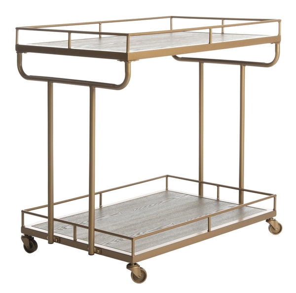 Safavieh Dawson 2-Tier Industrial Chic Bar Cart With Gold Finish, Rustic Oak Shelves & Smooth-Rolling Casters BCT6200C