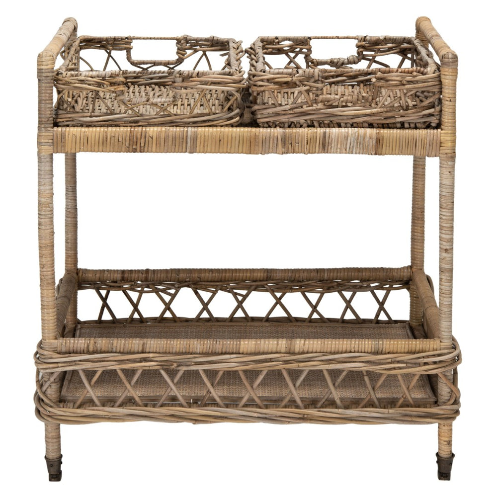 Safavieh Ambrose 2-Tier Rattan Bar Cart With Antique Brass Wheels - Stylish Storage For Entertaining & Decor BCT6500A