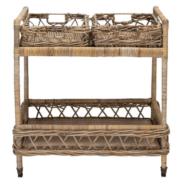 Safavieh Ambrose 2-Tier Rattan Bar Cart With Antique Brass Wheels - Stylish Storage For Entertaining & Decor BCT6500A