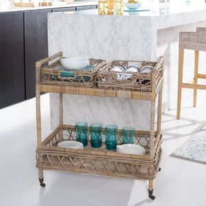 Safavieh Ambrose 2-Tier Rattan Bar Cart With Antique Brass Wheels - Stylish Storage For Entertaining & Decor BCT6500A