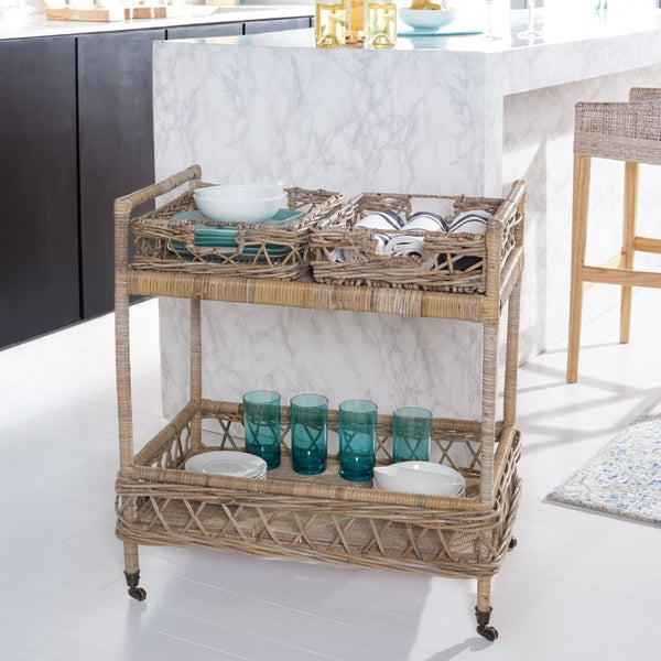 Safavieh Ambrose 2-Tier Rattan Bar Cart With Antique Brass Wheels - Stylish Storage For Entertaining & Decor BCT6500A