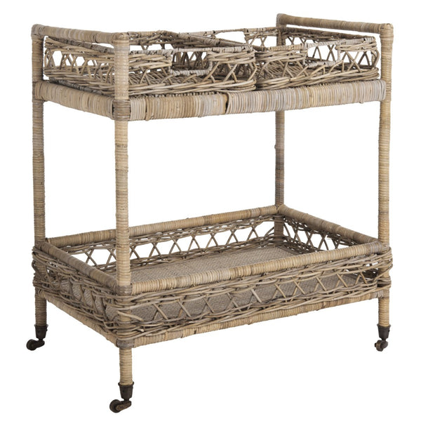 Safavieh Ambrose 2-Tier Rattan Bar Cart With Antique Brass Wheels - Stylish Storage For Entertaining & Decor BCT6500A