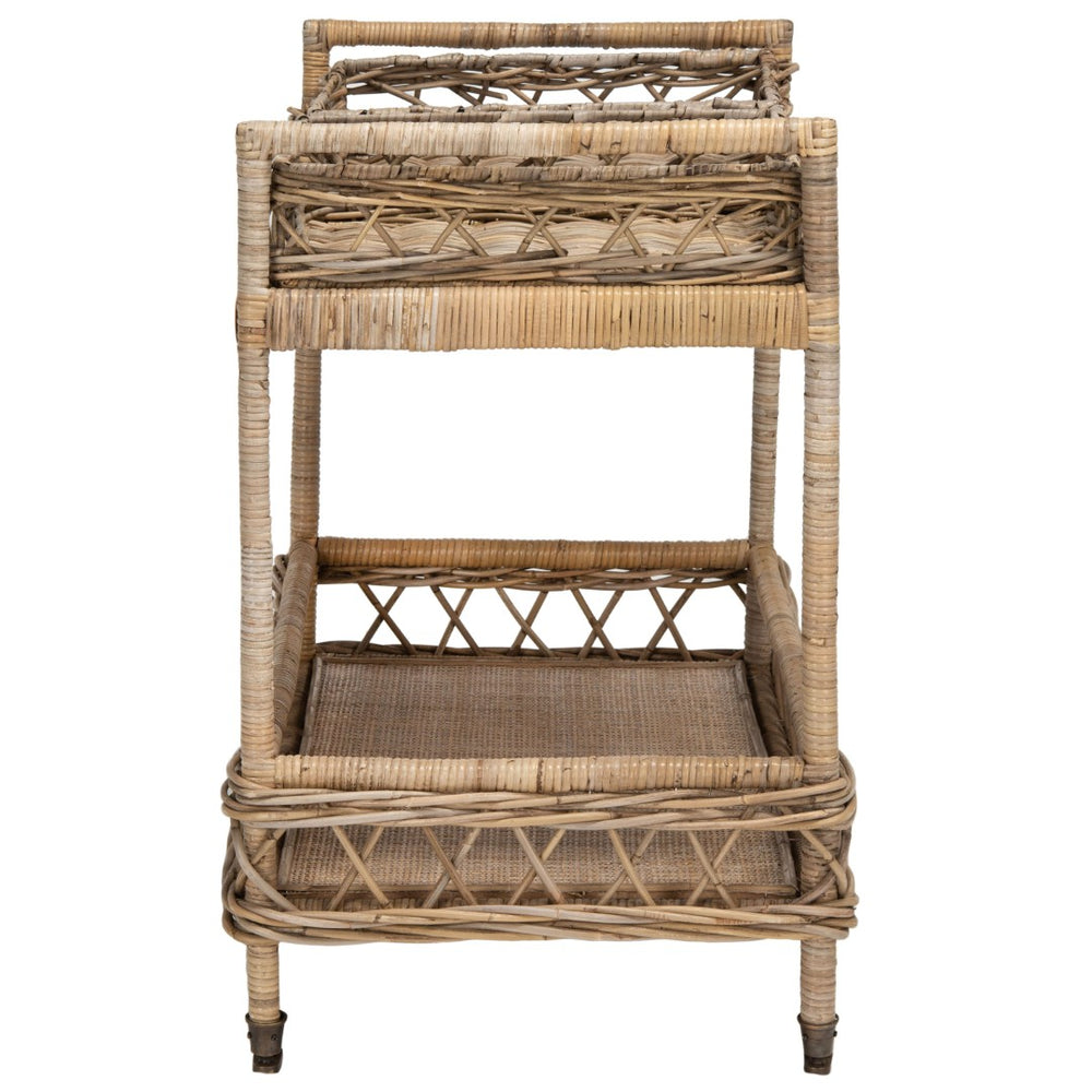 Safavieh Ambrose 2-Tier Rattan Bar Cart With Antique Brass Wheels - Stylish Storage For Entertaining & Decor BCT6500A