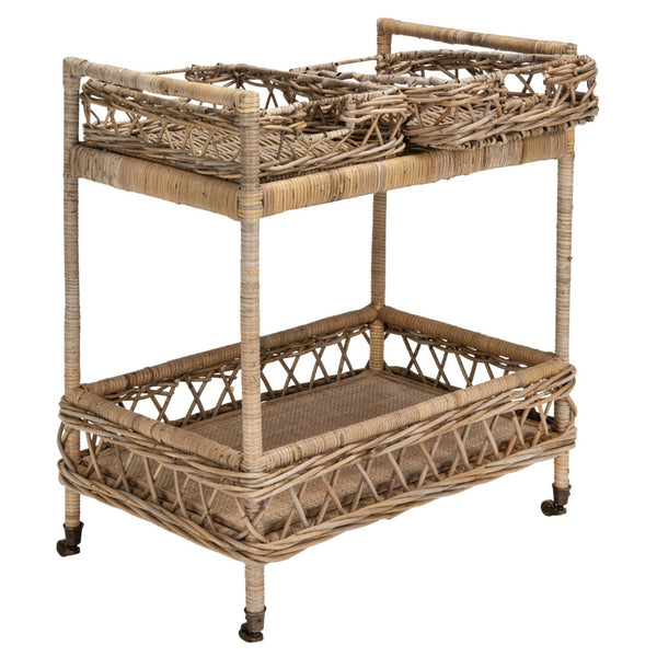 Safavieh Ambrose 2-Tier Rattan Bar Cart With Antique Brass Wheels - Stylish Storage For Entertaining & Decor BCT6500A