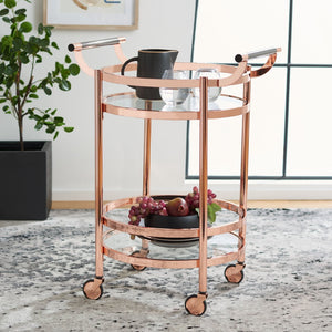Safavieh Sienna 2-Tier Round Bar Cart - Stylish And Contemporary Serving Solution For Upscale Entertaining Rose Gold  / Black Nickel Trim Handle / Tempered Glass BCT8001D