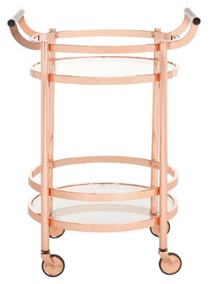 Safavieh Sienna 2-Tier Round Bar Cart - Stylish And Contemporary Serving Solution For Upscale Entertaining Rose Gold  / Black Nickel Trim Handle / Tempered Glass BCT8001D
