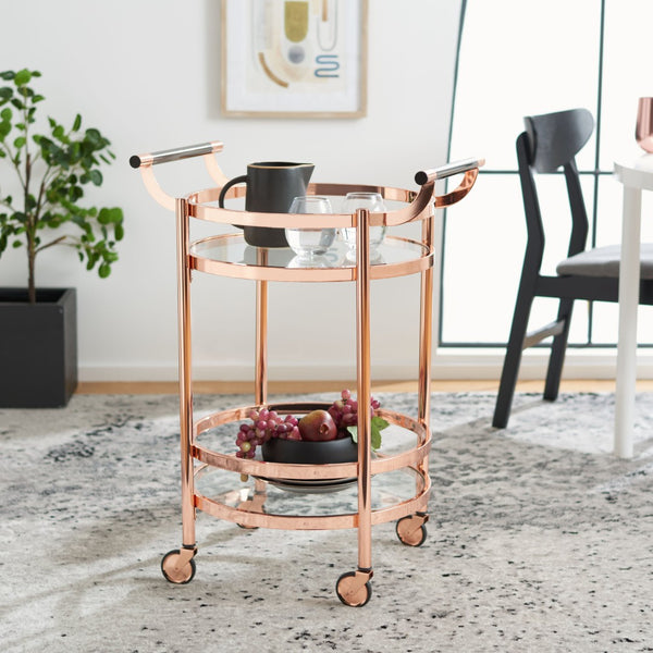 Safavieh Sienna 2-Tier Round Bar Cart - Stylish And Contemporary Serving Solution For Upscale Entertaining Rose Gold  / Black Nickel Trim Handle / Tempered Glass BCT8001D