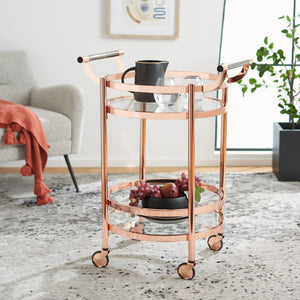 Safavieh Sienna 2-Tier Round Bar Cart - Stylish And Contemporary Serving Solution For Upscale Entertaining Rose Gold  / Black Nickel Trim Handle / Tempered Glass BCT8001D