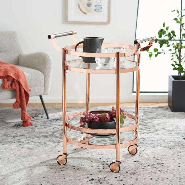 Safavieh Sienna 2-Tier Round Bar Cart - Stylish And Contemporary Serving Solution For Upscale Entertaining Rose Gold  / Black Nickel Trim Handle / Tempered Glass BCT8001D