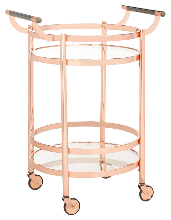 Safavieh Sienna 2-Tier Round Bar Cart - Stylish And Contemporary Serving Solution For Upscale Entertaining Rose Gold  / Black Nickel Trim Handle / Tempered Glass BCT8001D