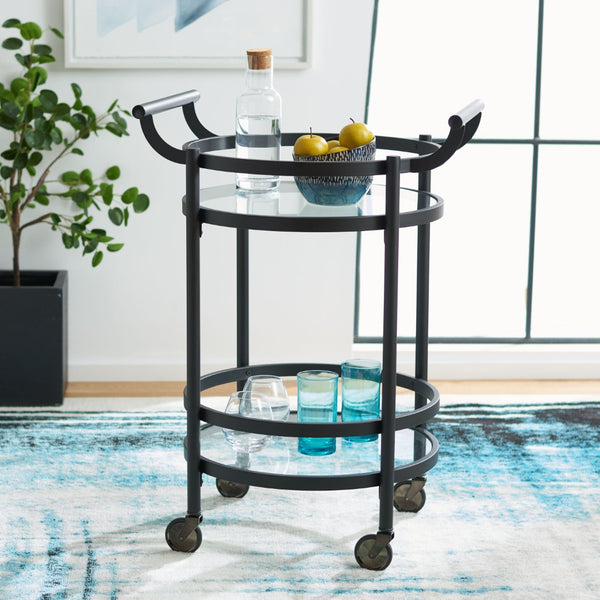 Safavieh Sienna 2-Tier Round Bar Cart - Stylish And Contemporary Serving Solution For Upscale Entertaining Matte Black  / Black Nickel Trim Handle / Tempered Glass BCT8001E