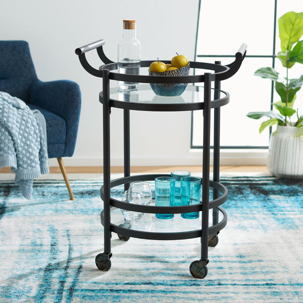 Safavieh Sienna 2-Tier Round Bar Cart - Stylish And Contemporary Serving Solution For Upscale Entertaining Matte Black  / Black Nickel Trim Handle / Tempered Glass BCT8001E