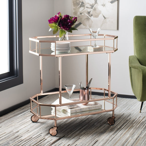 Safavieh Silva Contemporary 2-Tier Octagon Bar Cart With Mirrored Shelves For Elegant Home Entertaining Decor Rose Gold/Mirror BCT8004A
