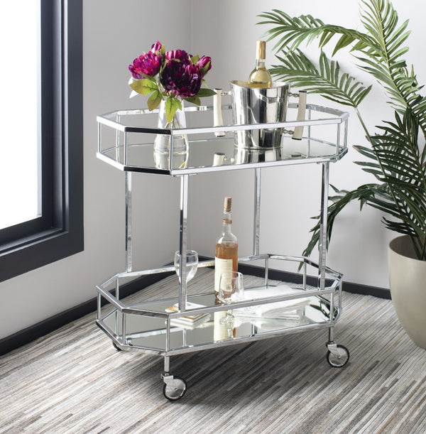 Safavieh Silva Contemporary 2-Tier Octagon Bar Cart With Mirrored Shelves For Elegant Home Entertaining Decor Chrome/Mirror BCT8004B