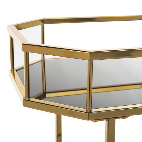 Safavieh Silva Contemporary 2-Tier Octagon Bar Cart With Mirrored Shelves For Elegant Home Entertaining Decor Brass/Black Glass BCT8004C