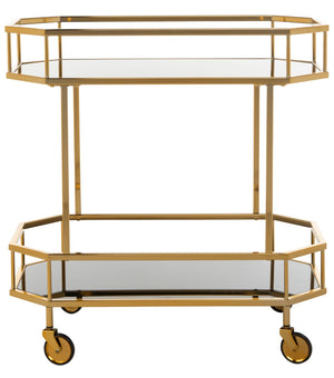 Safavieh Silva Contemporary 2-Tier Octagon Bar Cart With Mirrored Shelves For Elegant Home Entertaining Decor Brass/Black Glass BCT8004C