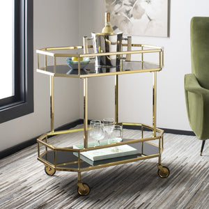 Safavieh Silva Contemporary 2-Tier Octagon Bar Cart With Mirrored Shelves For Elegant Home Entertaining Decor Brass/Black Glass BCT8004C