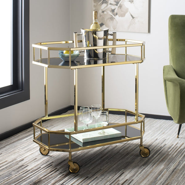 Safavieh Silva Contemporary 2-Tier Octagon Bar Cart With Mirrored Shelves For Elegant Home Entertaining Decor Brass/Black Glass BCT8004C