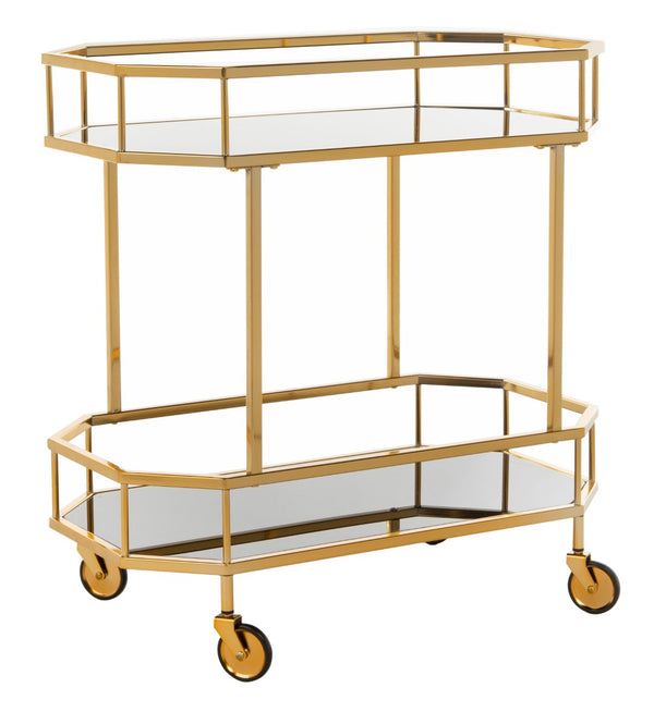 Safavieh Silva Contemporary 2-Tier Octagon Bar Cart With Mirrored Shelves For Elegant Home Entertaining Decor Brass/Black Glass BCT8004C