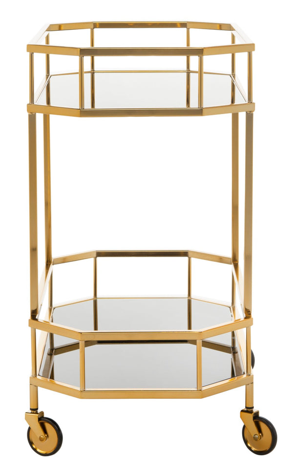 Safavieh Silva Contemporary 2-Tier Octagon Bar Cart With Mirrored Shelves For Elegant Home Entertaining Decor Brass/Black Glass BCT8004C