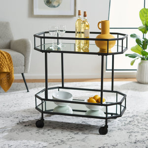 Safavieh Silva Contemporary 2-Tier Octagon Bar Cart With Mirrored Shelves For Elegant Home Entertaining Decor Black BCT8004D
