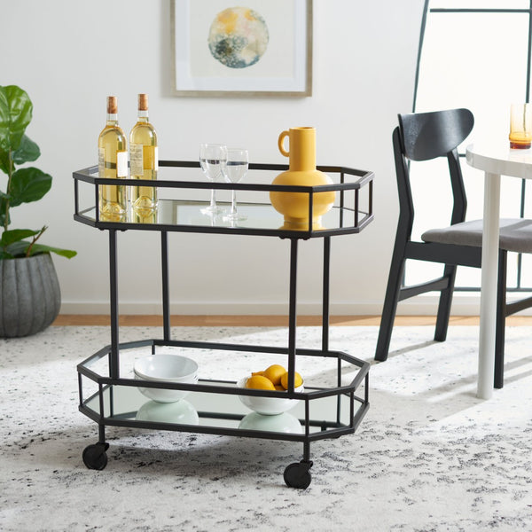 Safavieh Silva Contemporary 2-Tier Octagon Bar Cart With Mirrored Shelves For Elegant Home Entertaining Decor Black BCT8004D