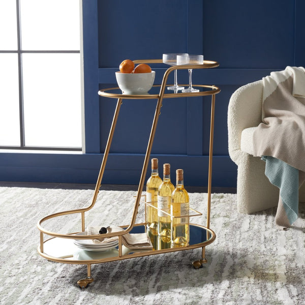 Safavieh Midas Elegant Two-Tier Oval Bar Cart With Mirrored Shelves & Gold Frame For Stylish Entertaining BCT8008A