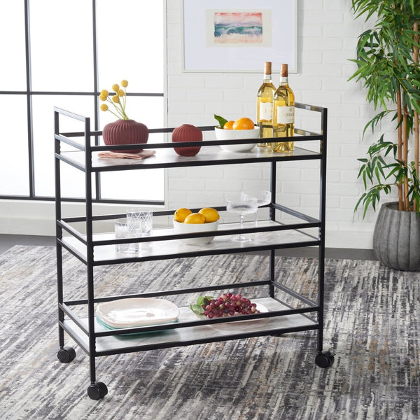 Safavieh Idria Modern Three-Tier Bar Cart For Stylish Entertaining - Versatile Storage & Sleek Design Matte Black / Marble BCT8010A