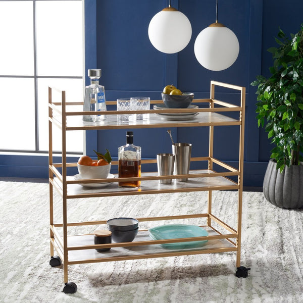 Safavieh Idria Modern Three-Tier Bar Cart For Stylish Entertaining - Versatile Storage & Sleek Design Gold / Marble BCT8010B