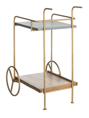 Safavieh Harper 2-Tier Bar Cart – Modern Mixed-Material Design With Brass Frame & Natural Wood For Entertaining BCT9000A