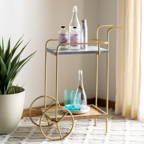 Safavieh Harper 2-Tier Bar Cart – Modern Mixed-Material Design With Brass Frame & Natural Wood For Entertaining BCT9000A