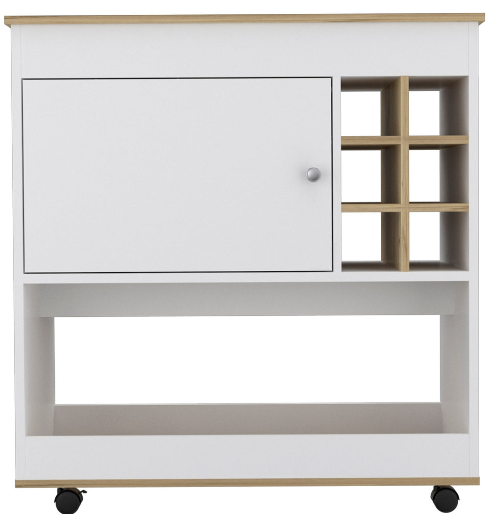 English Elm Camelia Light Oak Bar Cart with Six Wine Cubbies, Cabinet & Lower Shelf on Casters — Stylish Mobile Entertaining B07092081