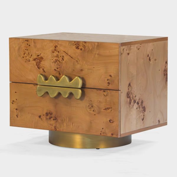 Union Home Wavefront Burl Nightstand - Sculptural Design With Metal Drawer Pulls & Elegant Brass-plated Base Natural Finish Burl,Mild Steel Bdm00260