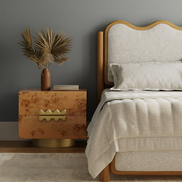 Union Home Wavefront Burl Nightstand - Sculptural Design With Metal Drawer Pulls & Elegant Brass-plated Base Natural Finish Burl,Mild Steel Bdm00260