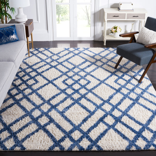 Safavieh Berber Luxurious Shag Rug With Timeless Diamond Pattern For Elegant Living Spaces And Cozy Nooks Ivory ,Blue Polypropylene Ber214b-24