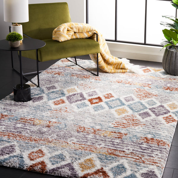 Safavieh Berber Exquisite Area Rug - Plush Shag Design, Modern Geometric Pattern, Durable & Stylish Home Accent Blue Rust ,Ivory Polyester Pile Ber585a-68