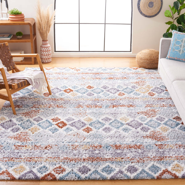 Safavieh Berber Exquisite Area Rug - Plush Shag Design, Modern Geometric Pattern, Durable & Stylish Home Accent Blue Rust ,Ivory Polyester Pile Ber585a-68